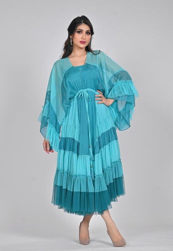 فستان ميدي ناعم اورجانزا وتل مع ربطة بالخصر