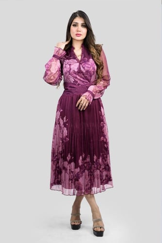 فستان ميدي شيفون مشجر اكمام طويلة