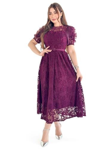 فستان سهره دانتيل ميدي بأكمام منفوشة وحزام خصر لإط...