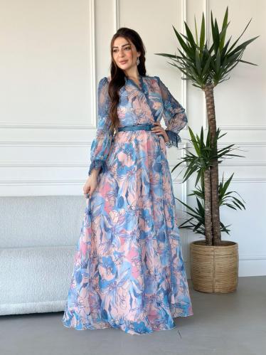 فستان طويل لف قماش شيفون مشجر اكمام طويله وبالكتف...