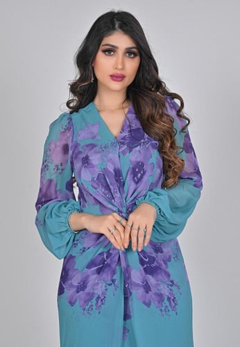 فستان مشجر طويل لون سماوي شيفون