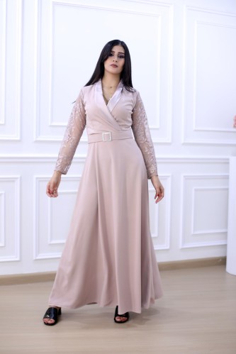 فستان كريب لحمي على حزام