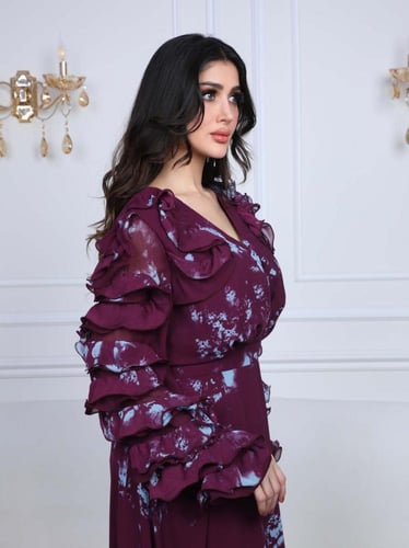 فستان شيفون مشجر طويل مزيين بالاكمام