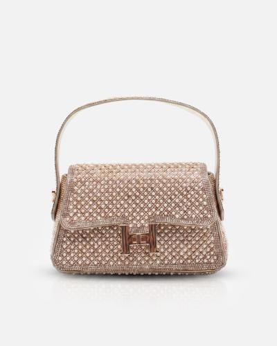 Women's gold evening bag decorated with pearls and rhinestones