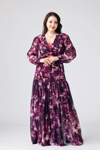 فستان سهرة شيفون مشجر مع خطوط كرستال وكسرات من الأ...