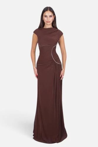 Long coffee-colored evening dress with draping and crystal details