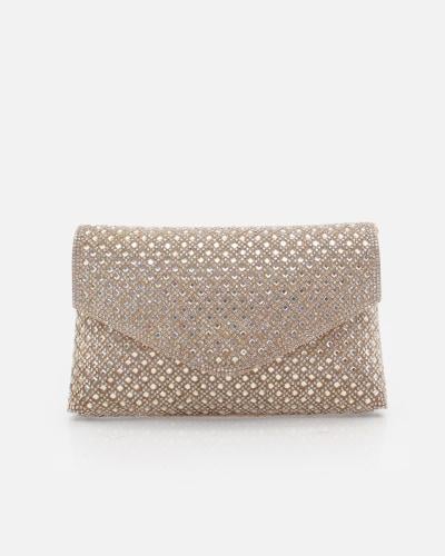 Women's gold evening bag studded with rhinestones