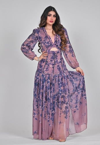 فستان شيفون مشجر اكمام طويلة ومزين بفصوص