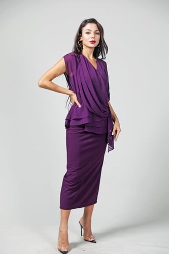 طقم تيور طويل موف بلوزة شيفون بدون كم قصة لف مع تن...