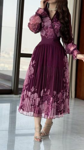 فستان ميدي شيفون مشجر اكمام طويلة