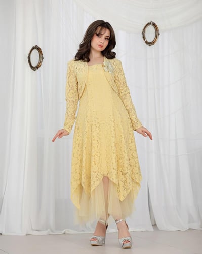 فستان العيد بناتي راقي مع جاكت قصير وتفاصيل دانتيل...