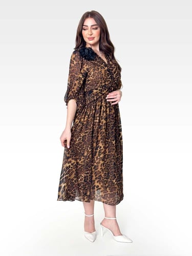 فستان سهرة تايجر بوردة بالكتف لون بني مع اسود