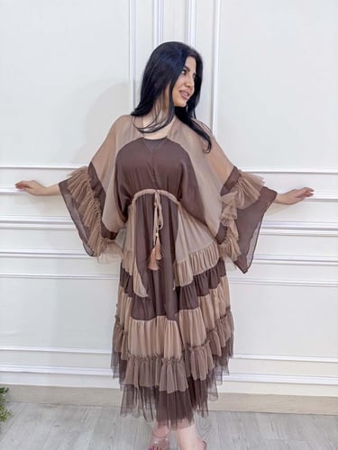 فستان ميدي ناعم اورجانزا وتل مع ربطة بالخصر