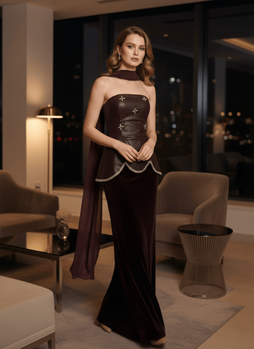 فستان سهرة بني مخمل بلمسة جلد ناعمة وشال فاخر