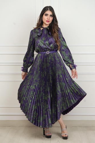 فستان ناعم ميدي مموج لمعة لامية وكسرات من الاسفل