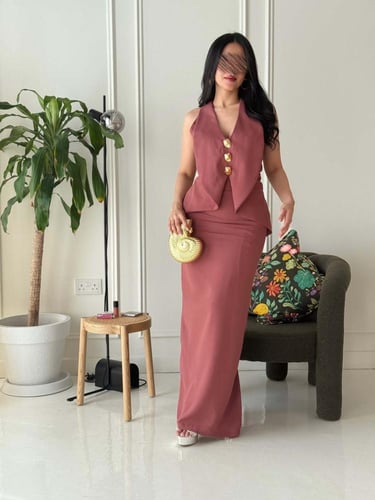 فستان كريب أوف شولدر طويل لون وردي