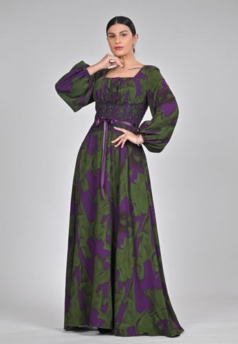 فستان ناعم شيفون مموج باكسسوار بالخصر