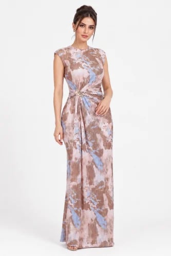 Long floral dress with draping and side detailing