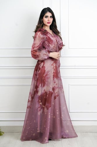 فستان شيفون مشجر طويل بورود ثلاثية الابعاد