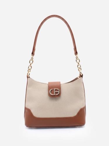 Women's off-white and camel-colored fabric shoulder bag with a gold chain