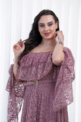 فستان اوف شولدر دانتيل ميدي لون زهري