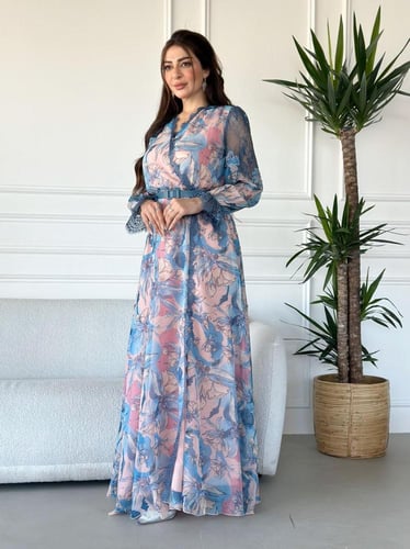 فستان طويل لف قماش شيفون مشجر اكمام طويله وبالكتف...