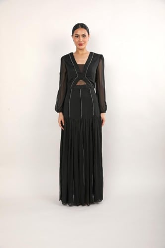 فستان سهرة شيفون حرير مع خطوط كرستال وقصة كسرات من...