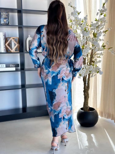 فستان مشجر لف زم على الخصر قماش حرير ستان