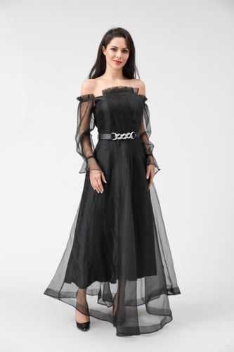 فستان سهرة طويل اوف شولدر مزين بتول اسود مع حزام