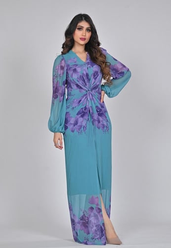 فستان مشجر طويل لون سماوي شيفون