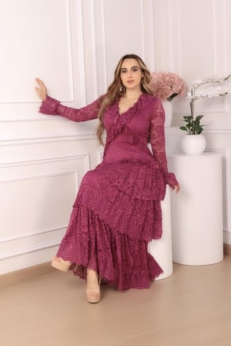 فستان طويل دانتيل اكمام طويل لون موف