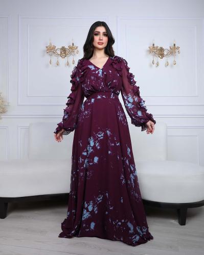 فستان شيفون مشجر طويل مزيين بالاكمام