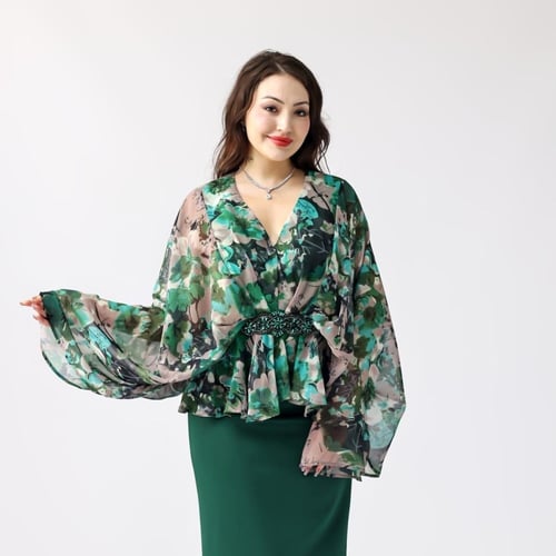 بلوزة شيفون مشجر على الخصر تطريز سهره