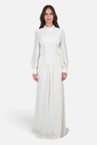 Long evening dress with a collar and sequins on the front