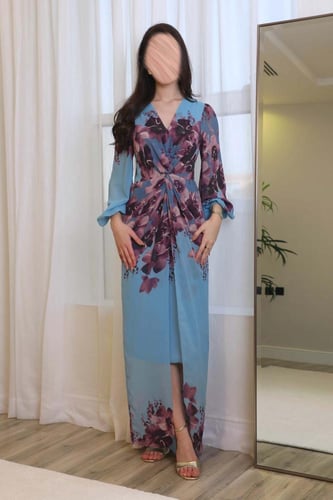 فستان مشجر طويل لون سماوي شيفون