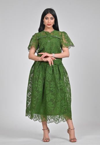 طقم بلوزة وتنورة دانتيل لون اخضر