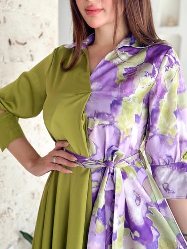 فستان قماشين نص حرير مشجر ونص كريب ستان