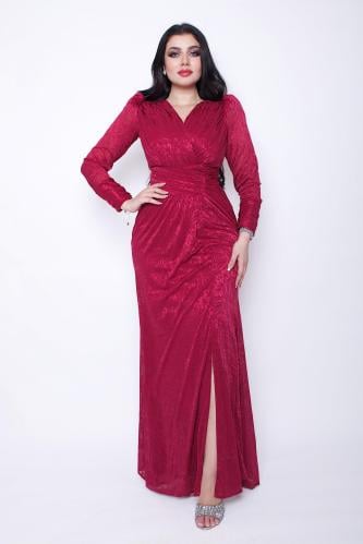 Long evening dress with long sleeves and draped details