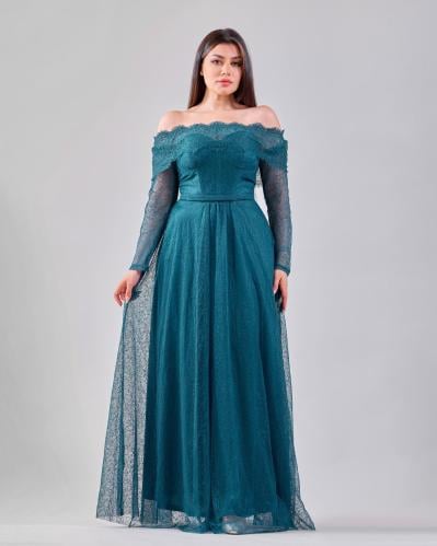 فستان سهرة أنيق بقصة أوف شولدر وأكمام شفافة