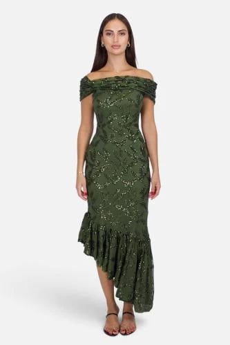 Off-shoulder evening dress in tulle and sequins
