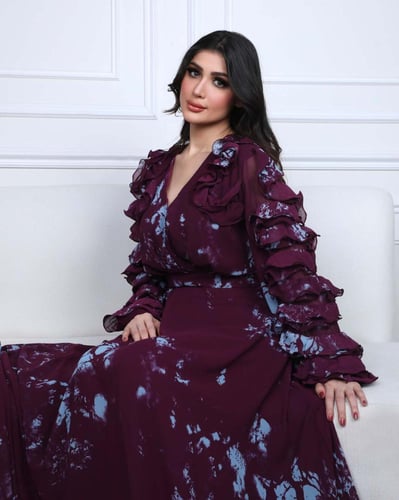 فستان شيفون مشجر طويل مزيين بالاكمام