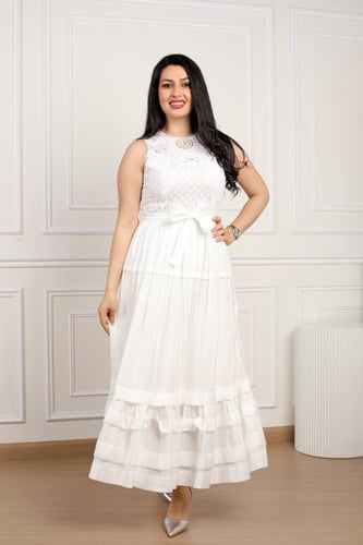 فستان ميدي قماش كريب جوبير الصدر مخرم طبقات من الا...