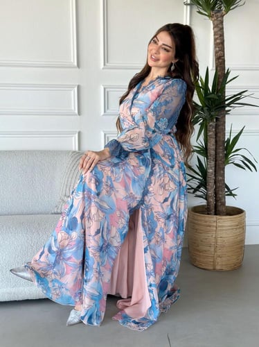 فستان طويل لف قماش شيفون مشجر اكمام طويله وبالكتف...