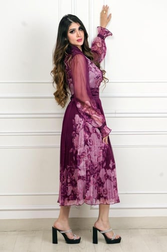 فستان ميدي شيفون مشجر اكمام طويلة