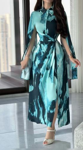 فستان مشجر طويل حرير ستان اكمام طويلة باكسسوار بال...