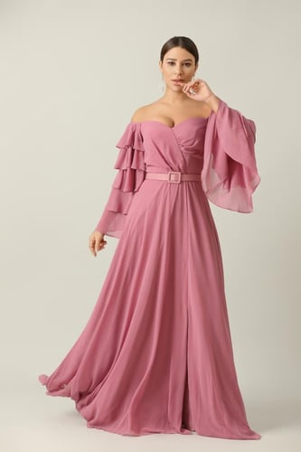 فستان شيفون لون زهري اكمام واسعه طبقات