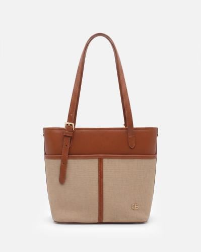Women's shoulder bag in camel and beige fabric with a small wallet