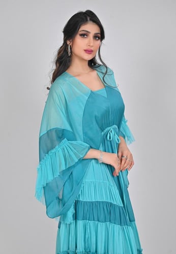 فستان ميدي ناعم اورجانزا وتل مع ربطة بالخصر