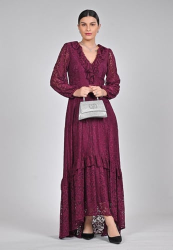 فستان سهرة ناعم برغندي دانتيل