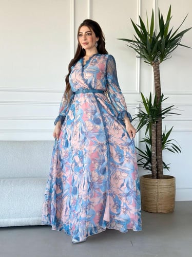 فستان طويل لف قماش شيفون مشجر اكمام طويله وبالكتف...